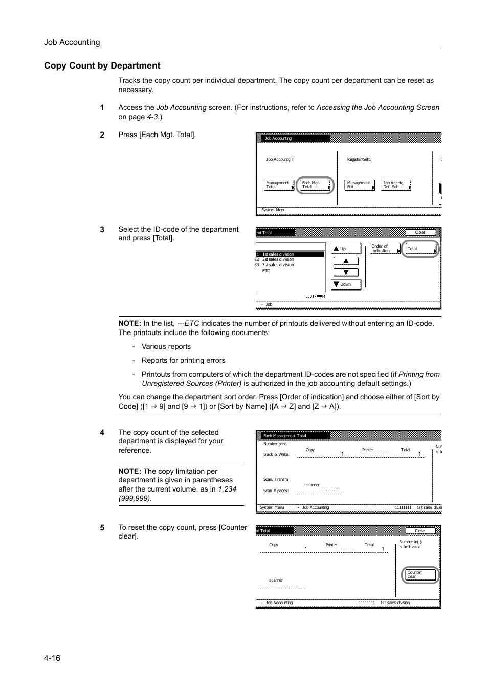 Copy count by department, Job accounting 4-16, Press [each mgt. total | TA Triumph-Adler DC 2060 User Manual | Page 176 / 210