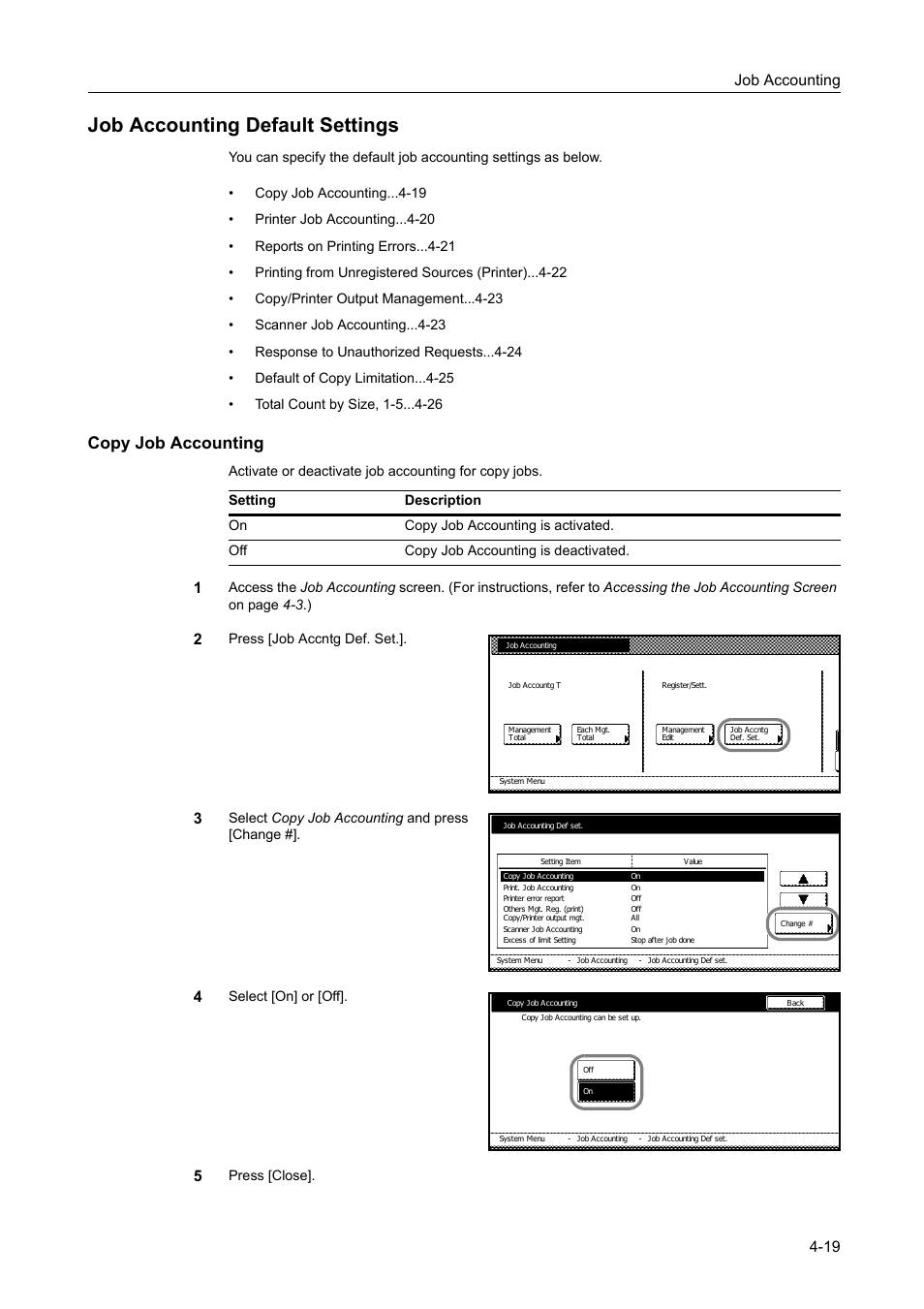 Job accounting default settings, Copy job accounting, Job accounting default settings -19 | Turn copy job accounting, Job accounting 4-19 | TA Triumph-Adler DC 2060 User Manual | Page 179 / 210