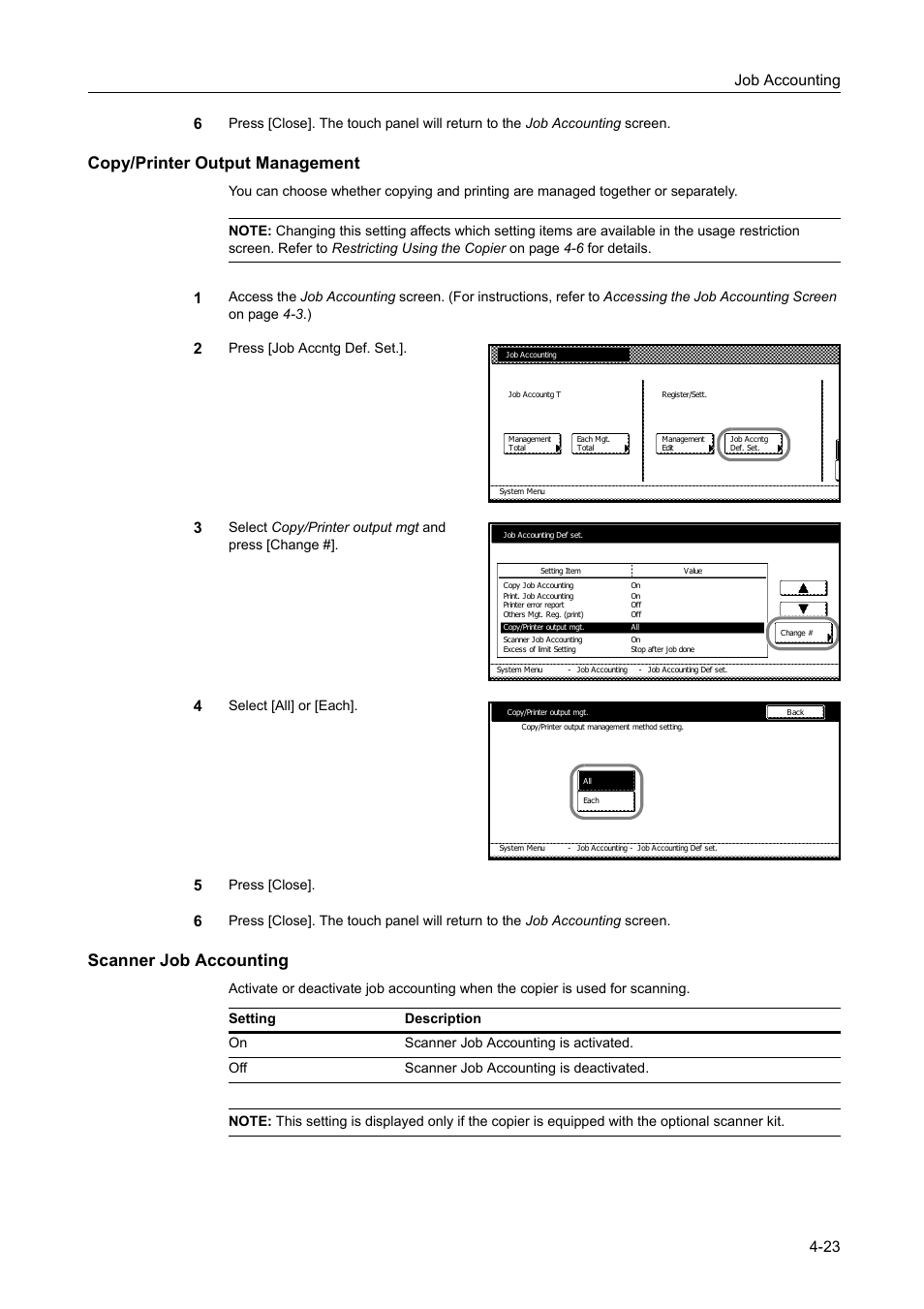 Copy/printer output management, Scanner job accounting, D scanner job accounting as th | Copy/printer output management -23, Scanner job accounting -23, Job accounting 4-23 6 | TA Triumph-Adler DC 2060 User Manual | Page 183 / 210