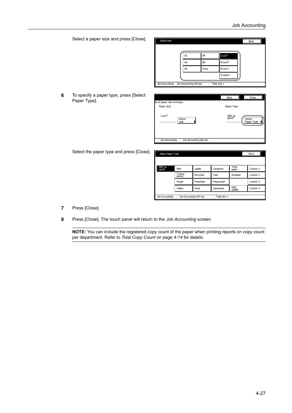 Job accounting 4-27, Select a paper size and press [close, Press [close | TA Triumph-Adler DC 2060 User Manual | Page 187 / 210