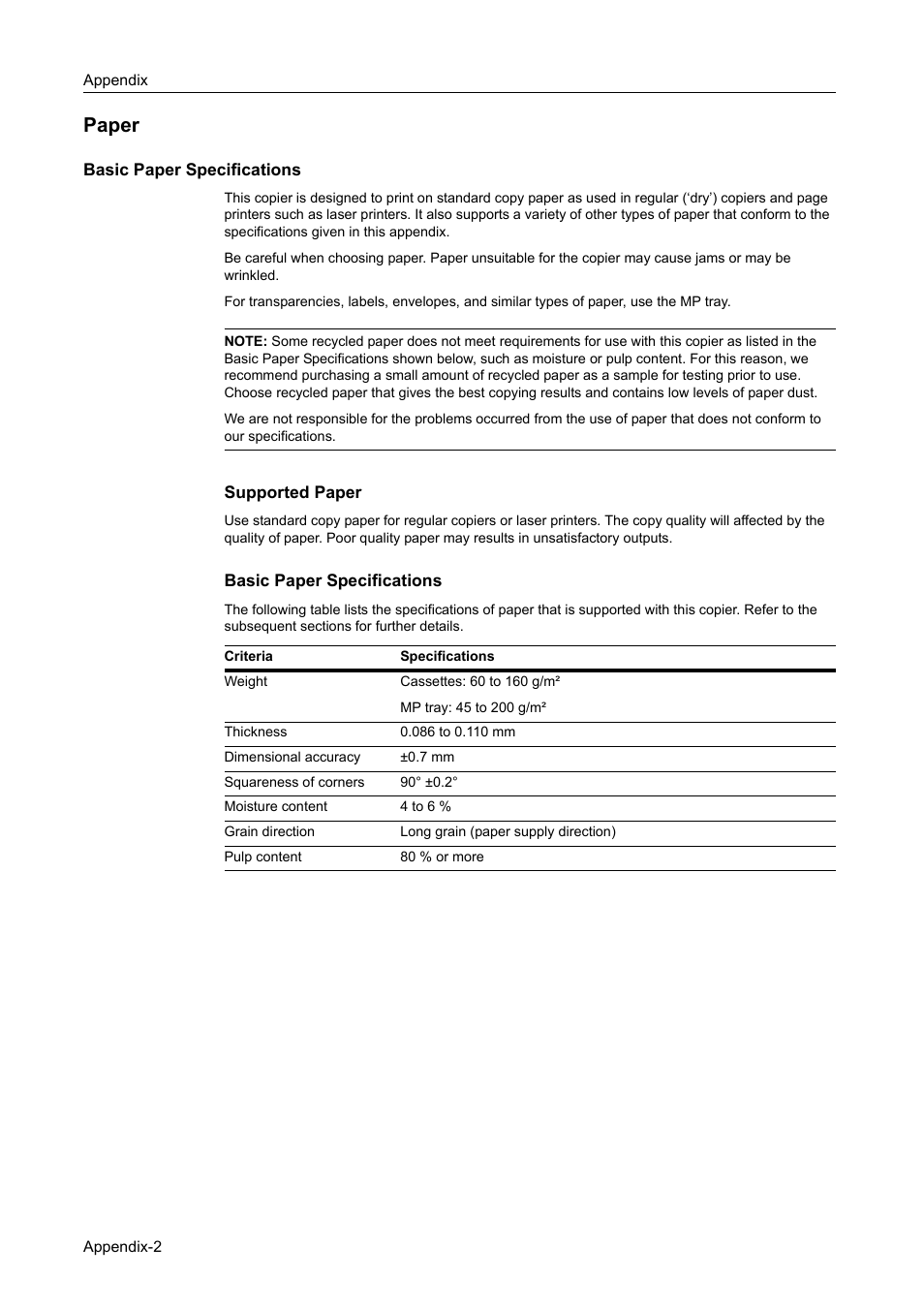 Paper, Basic paper specifications, Paper...appendix-2 | TA Triumph-Adler DC 2060 User Manual | Page 190 / 210