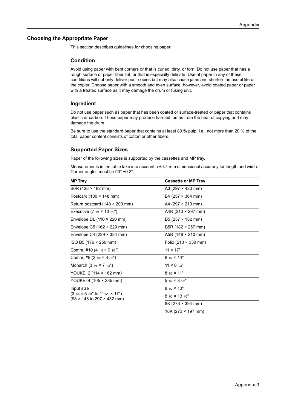 Choosing the appropriate paper, Condition, Ingredient | Supported paper sizes | TA Triumph-Adler DC 2060 User Manual | Page 191 / 210