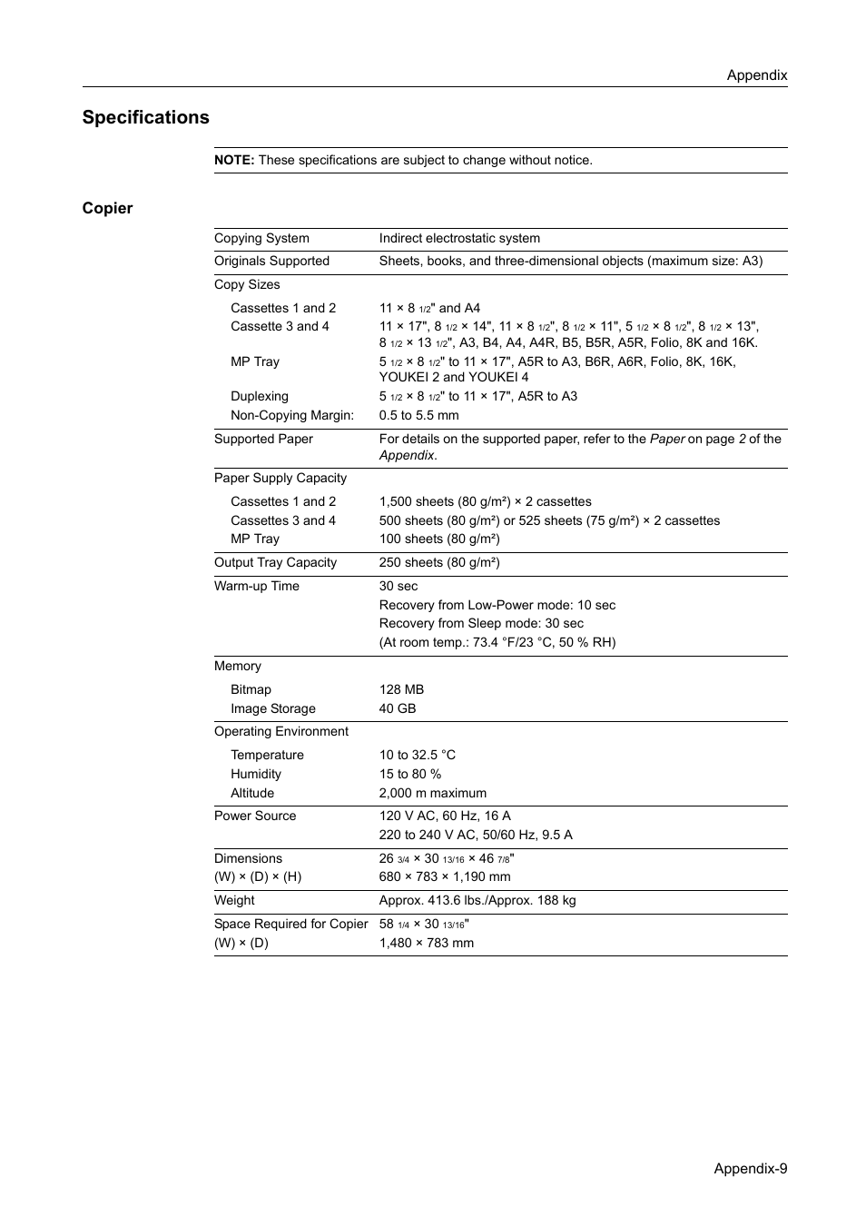 Specifications, Copier, Specifications...appendix-9 | TA Triumph-Adler DC 2060 User Manual | Page 197 / 210