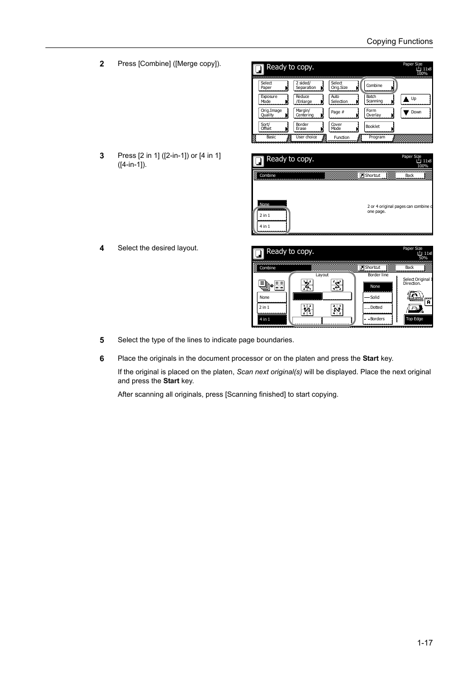 Copying functions 1-17 2, Press [combine] ([merge copy]), Select the desired layout | Ready to copy | TA Triumph-Adler DC 2060 User Manual | Page 23 / 210