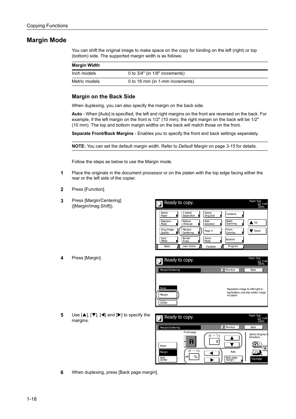 Margin mode, Margin mode -18, Margin on the back side | Copying functions 1-18, Press [function, Press [margin/centering] ([margin/imag.shift]), Press [margin, Use [s], [t], [w] and [x] to specify the margins, Ready to copy | TA Triumph-Adler DC 2060 User Manual | Page 24 / 210