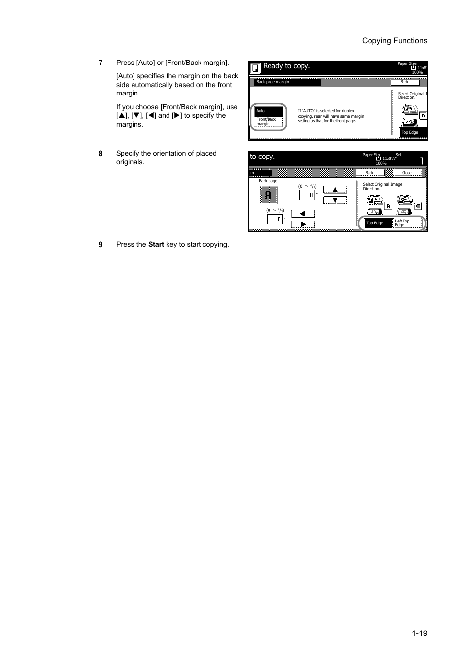 Copying functions 1-19 7, Specify the orientation of placed originals, Press the start key to start copying | Ready to copy | TA Triumph-Adler DC 2060 User Manual | Page 25 / 210