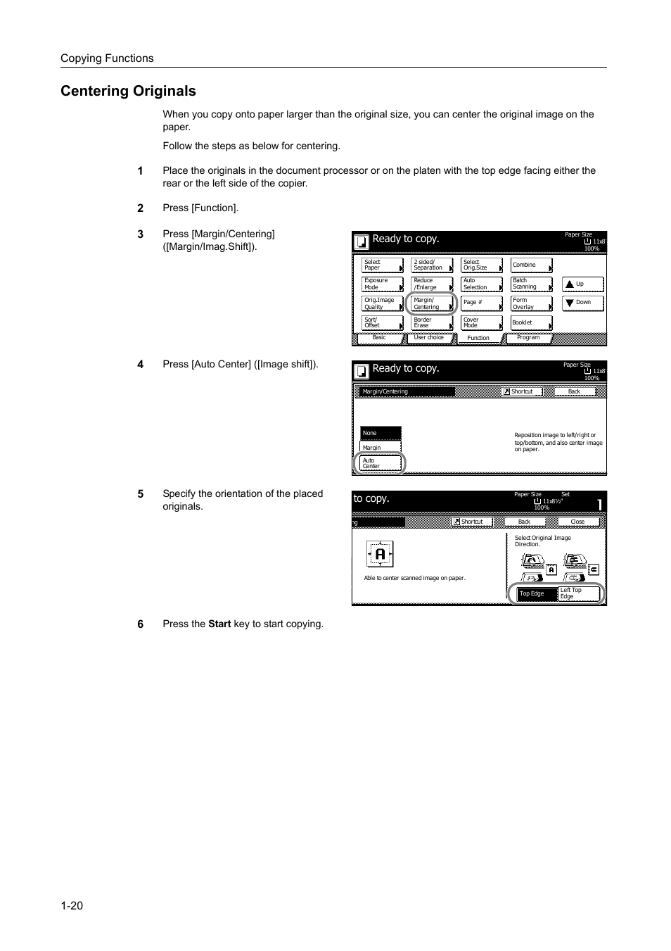 Centering originals, Centering originals -20, Copying functions 1-20 | Press [function, Press [margin/centering] ([margin/imag.shift]), Press [auto center] ([image shift]), Specify the orientation of the placed originals, Ready to copy | TA Triumph-Adler DC 2060 User Manual | Page 26 / 210