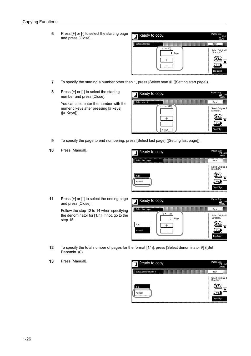 Copying functions 1-26 6, Press [manual, Ready to copy | TA Triumph-Adler DC 2060 User Manual | Page 32 / 210