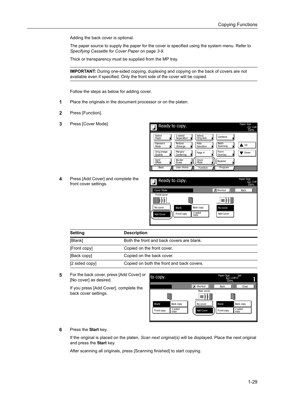 Copying functions 1-29, Press [function, Press [cover mode | Ready to copy | TA Triumph-Adler DC 2060 User Manual | Page 35 / 210