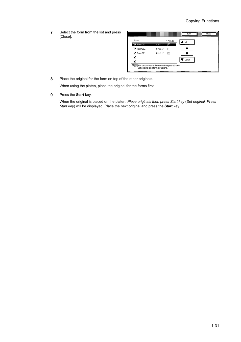 Copying functions 1-31 7, Select the form from the list and press [close | TA Triumph-Adler DC 2060 User Manual | Page 37 / 210