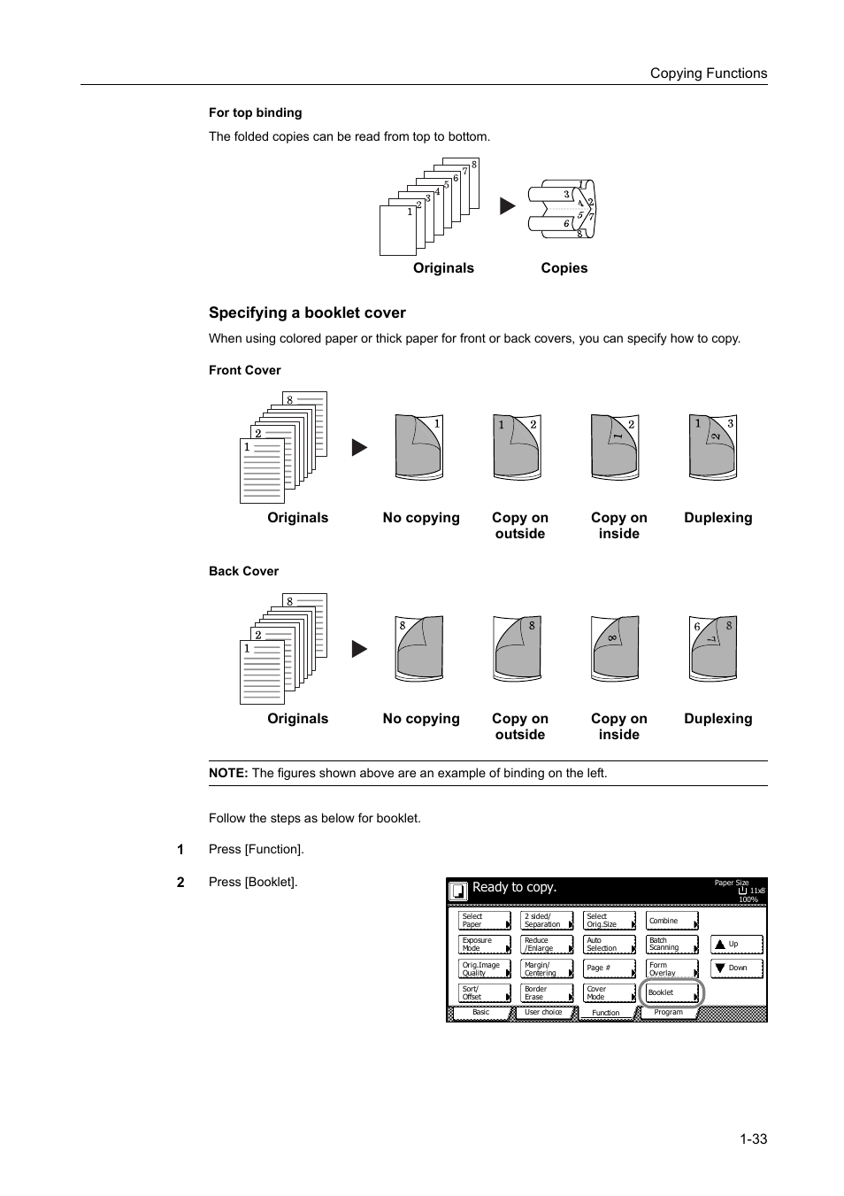 Specifying a booklet cover, Copying functions 1-33 | TA Triumph-Adler DC 2060 User Manual | Page 39 / 210