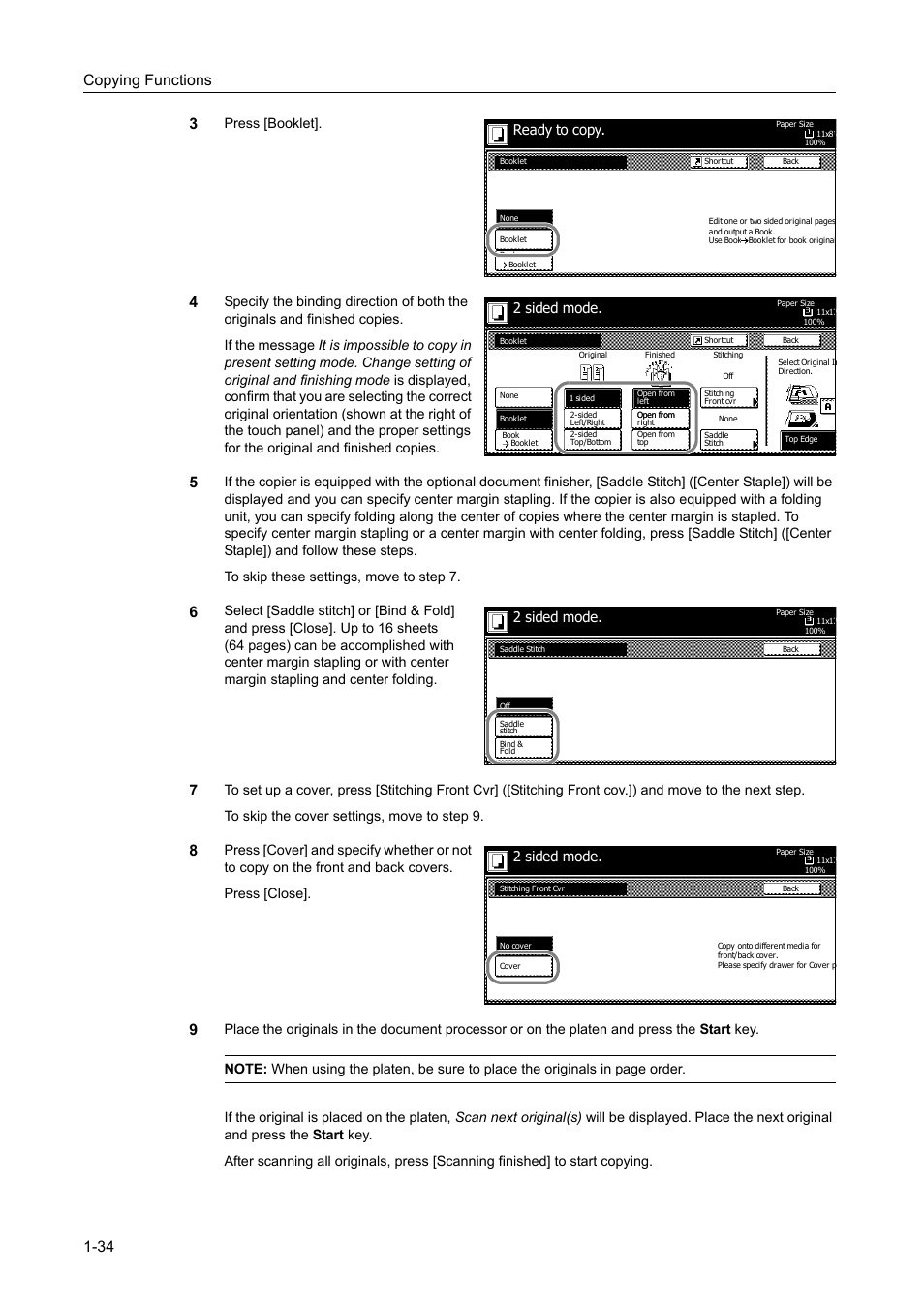 Copying functions 1-34 3, Press [booklet, Ready to copy | 2 sided mode | TA Triumph-Adler DC 2060 User Manual | Page 40 / 210