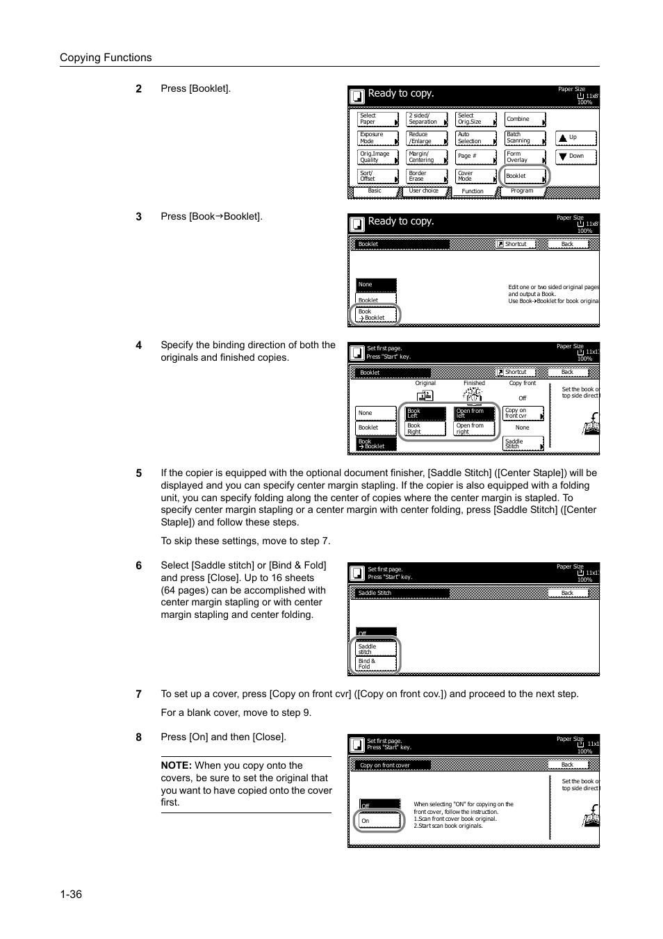 Copying functions 1-36 2, Press [booklet, Press [bookjbooklet | Ready to copy | TA Triumph-Adler DC 2060 User Manual | Page 42 / 210