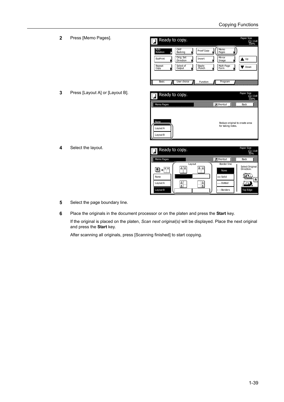 Copying functions 1-39 2, Press [layout a] or [layout b, Select the layout | Select the page boundary line, Ready to copy | TA Triumph-Adler DC 2060 User Manual | Page 45 / 210