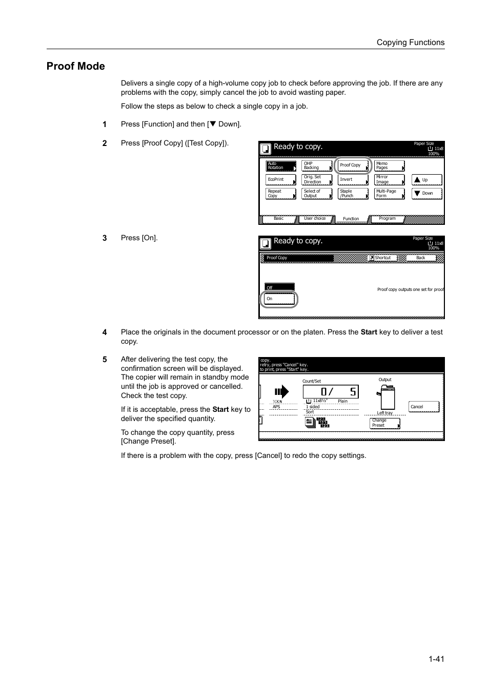 Proof mode, Proof mode -41, Copying functions 1-41 | Press [function] and then [t down, Press [proof copy] ([test copy]), Press [on, Ready to copy | TA Triumph-Adler DC 2060 User Manual | Page 47 / 210