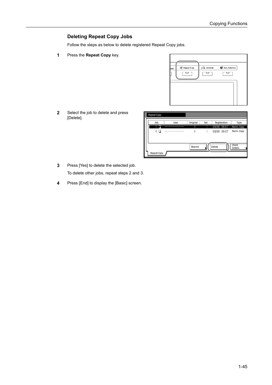 Deleting repeat copy jobs, Copying functions 1-45 | TA Triumph-Adler DC 2060 User Manual | Page 51 / 210