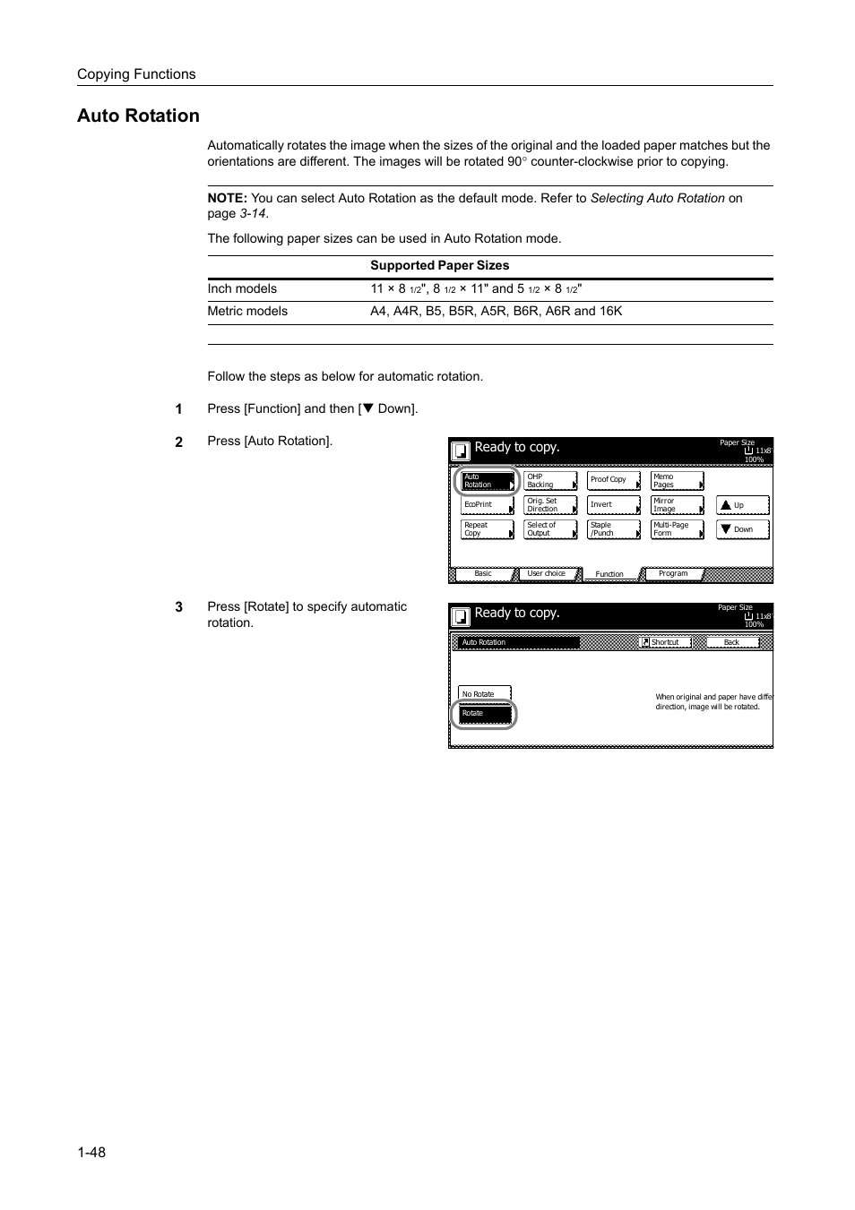 Auto rotation, Auto rotation -48, Copying functions 1-48 | Press [function] and then [t down, Press [auto rotation, Ч 11" and 5, Ready to copy | TA Triumph-Adler DC 2060 User Manual | Page 54 / 210