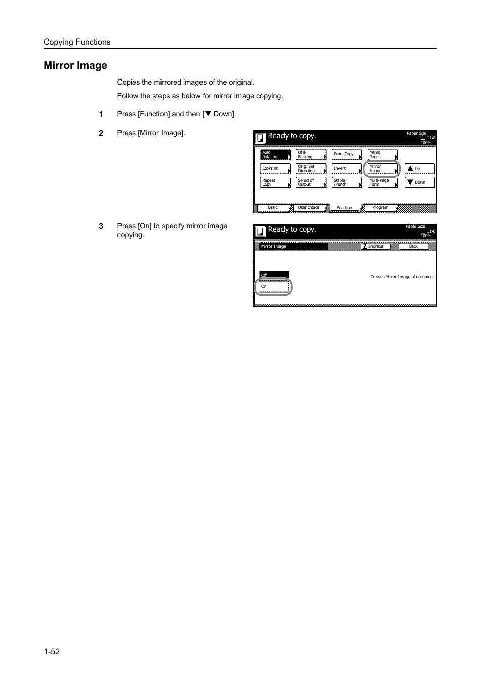 Mirror image, Mirror image -52, Copying functions 1-52 | Press [function] and then [t down, Press [mirror image, Ready to copy | TA Triumph-Adler DC 2060 User Manual | Page 58 / 210