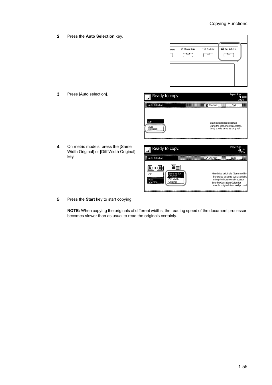Copying functions 1-55 2, Press the auto selection key, Press [auto selection | Ready to copy | TA Triumph-Adler DC 2060 User Manual | Page 61 / 210