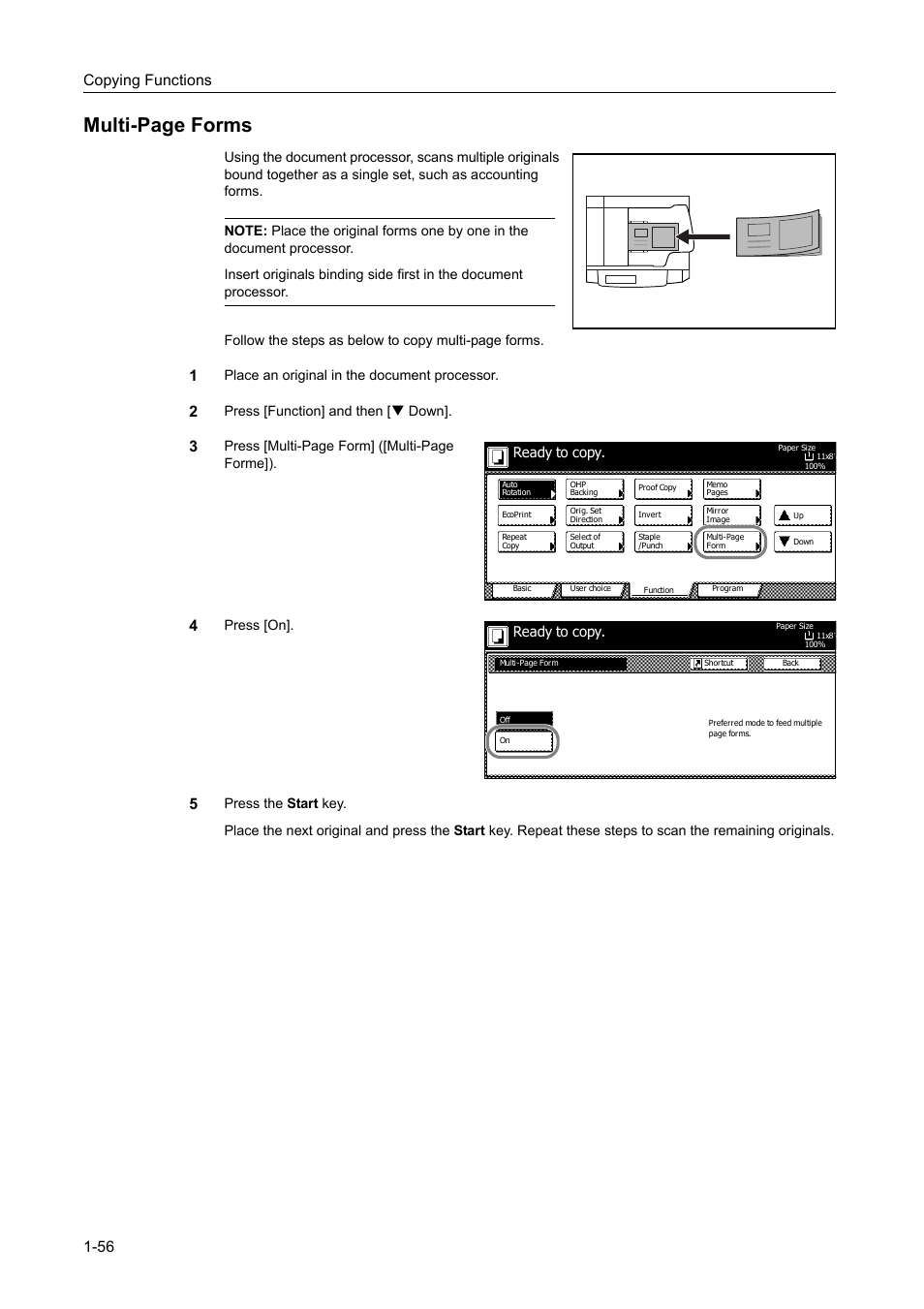 Multi-page forms, Copying functions 1-56, Place an original in the document processor | Press [function] and then [t down, Press [multi-page form] ([multi-page forme]), Press [on, Ready to copy | TA Triumph-Adler DC 2060 User Manual | Page 62 / 210