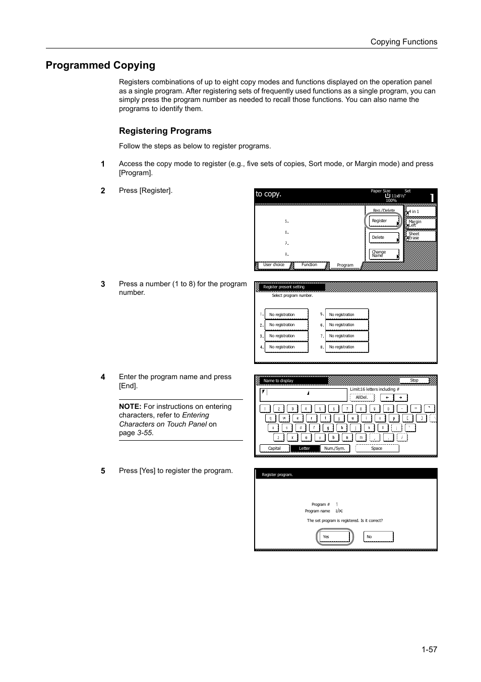 Programmed copying, Programmed copying -57, Registering programs | Copying functions 1-57, Follow the steps as below to register programs, Press [register, Press a number (1 to 8) for the program number, Press [yes] to register the program. to copy | TA Triumph-Adler DC 2060 User Manual | Page 63 / 210