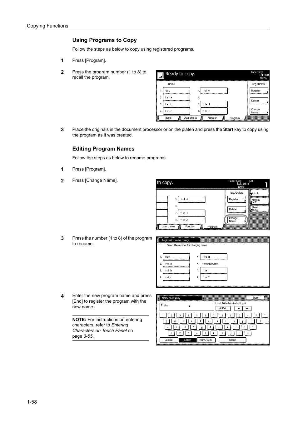 Using programs to copy, Editing program names, Copying functions 1-58 | Press [program, Follow the steps as below to rename programs, Press [change name, Press the number (1 to 8) of the program to rename | TA Triumph-Adler DC 2060 User Manual | Page 64 / 210