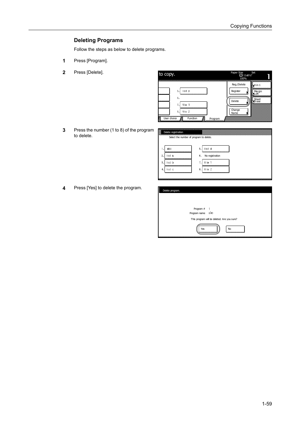 Deleting programs, Copying functions 1-59, Follow the steps as below to delete programs | Press [program, Press [delete, Press the number (1 to 8) of the program to delete, Press [yes] to delete the program. to copy | TA Triumph-Adler DC 2060 User Manual | Page 65 / 210