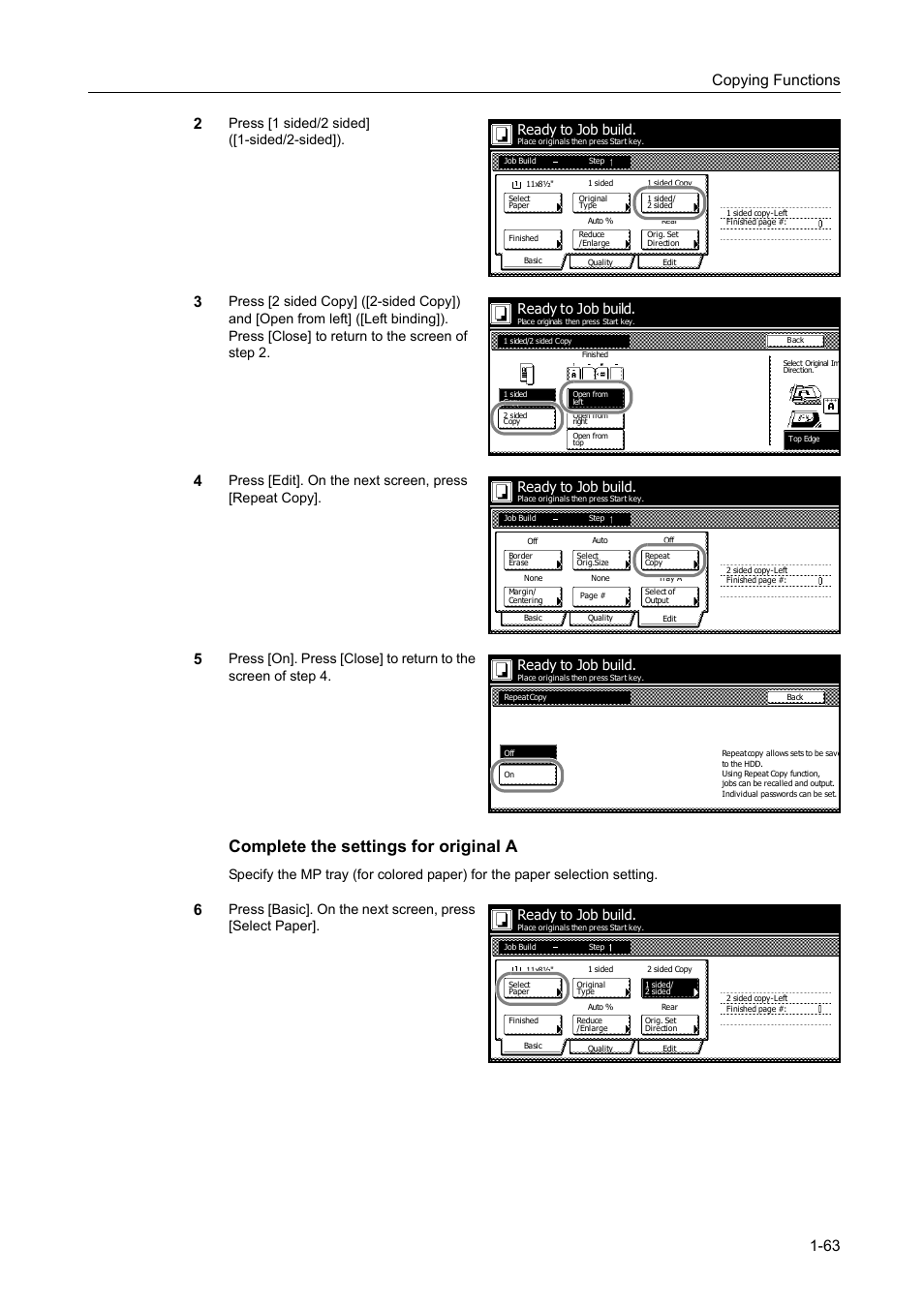 Complete the settings for original a, Copying functions 1-63 2, Press [1 sided/2 sided] ([1-sided/2-sided]) | Ready to job build | TA Triumph-Adler DC 2060 User Manual | Page 69 / 210