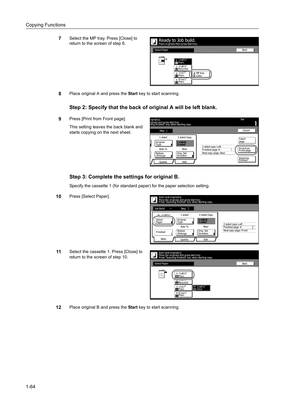 Step 3: complete the settings for original b, Copying functions 1-64 7, Press [select paper | Ready to job build | TA Triumph-Adler DC 2060 User Manual | Page 70 / 210
