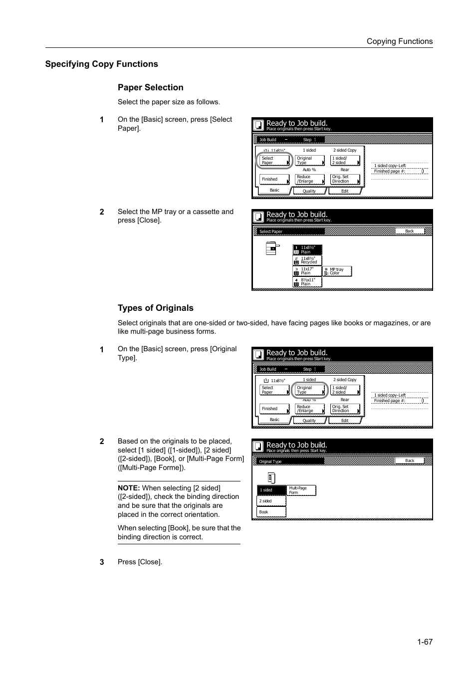 Specifying copy functions, Specifying copy functions paper selection, Types of originals | Copying functions 1-67, Select the paper size as follows, On the [basic] screen, press [select paper, Select the mp tray or a cassette and press [close, On the [basic] screen, press [original type, Press [close]. ready to job build, Ready to job build | TA Triumph-Adler DC 2060 User Manual | Page 73 / 210