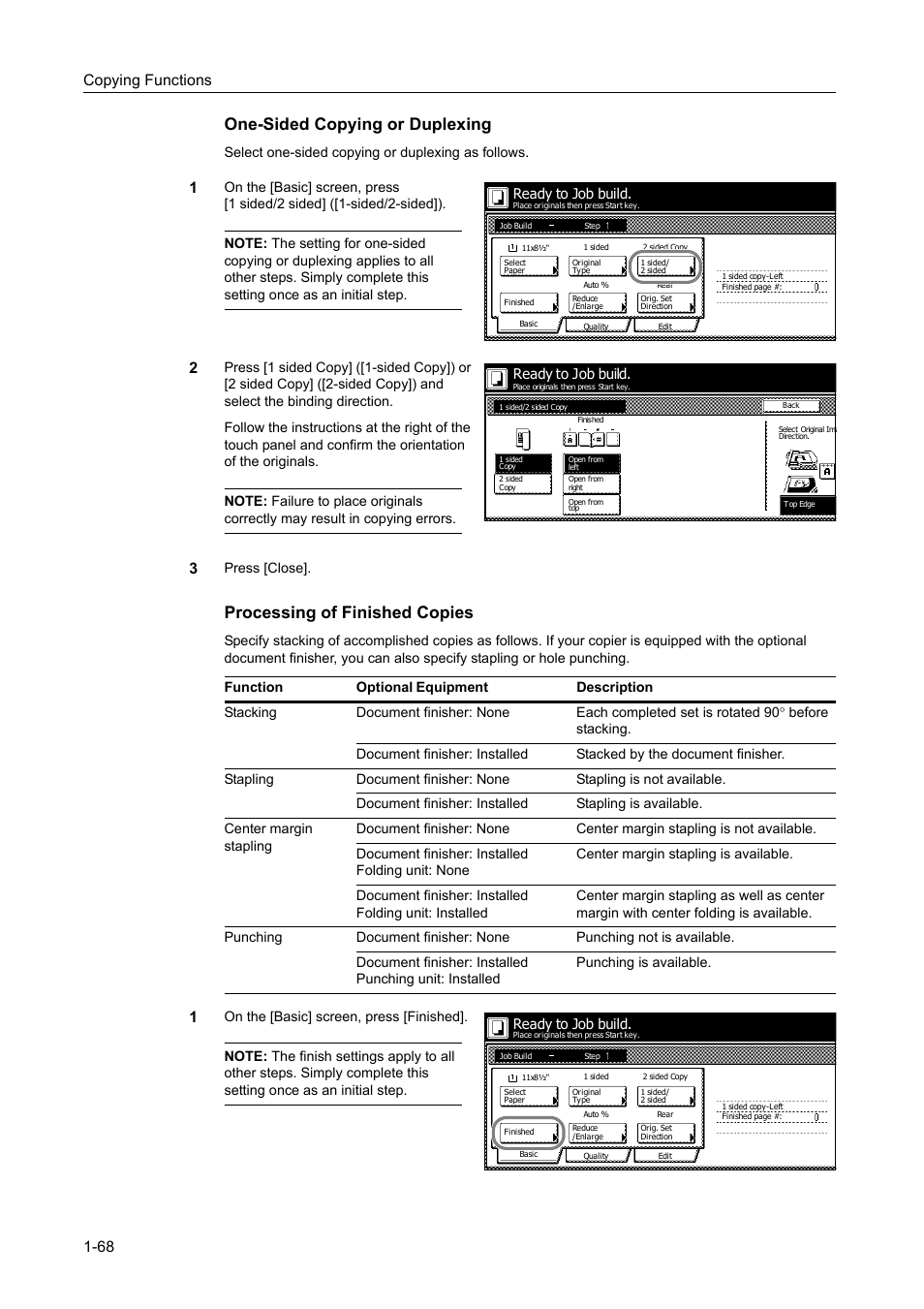 One-sided copying or duplexing, Processing of finished copies, Copying functions 1-68 | TA Triumph-Adler DC 2060 User Manual | Page 74 / 210