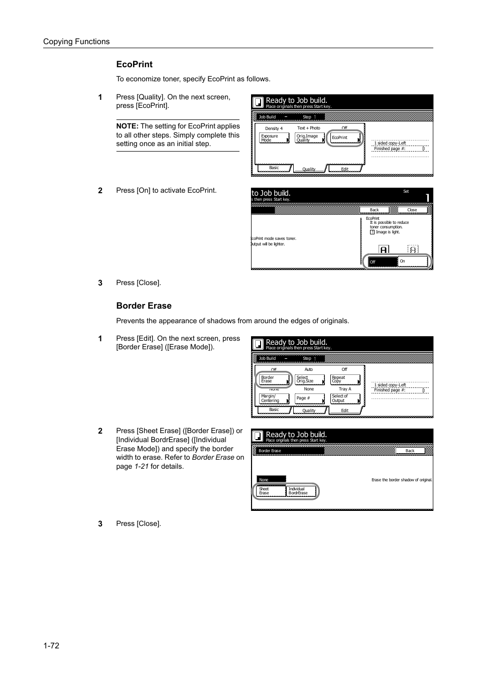 Ecoprint, Border erase, Copying functions 1-72 | Press [on] to activate ecoprint, Press [close, Press [close]. ready to job build, Ready to job build | TA Triumph-Adler DC 2060 User Manual | Page 78 / 210