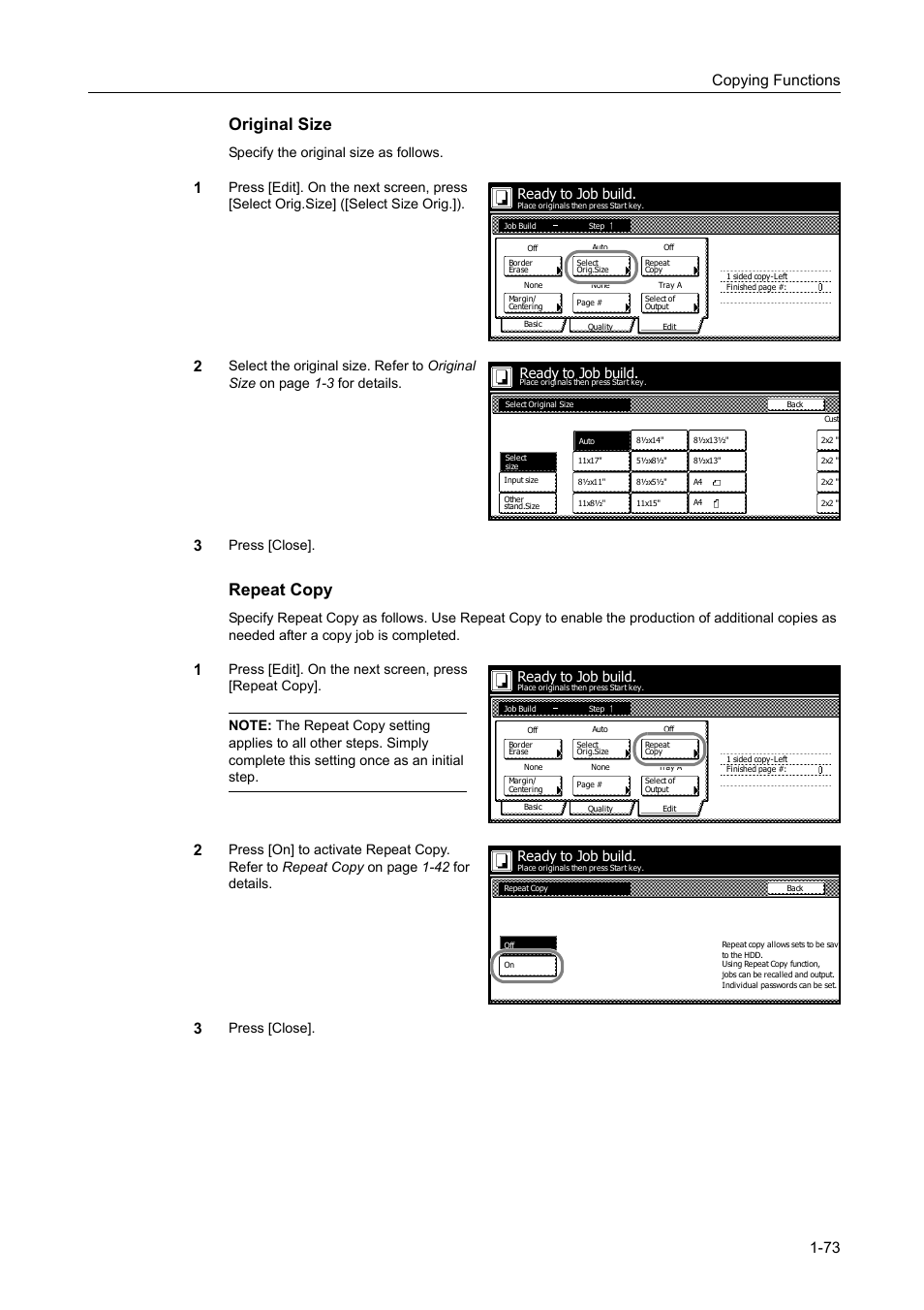 Original size, Repeat copy, Copying functions 1-73 | Specify the original size as follows, Press [close, Press [close]. ready to job build, Ready to job build | TA Triumph-Adler DC 2060 User Manual | Page 79 / 210