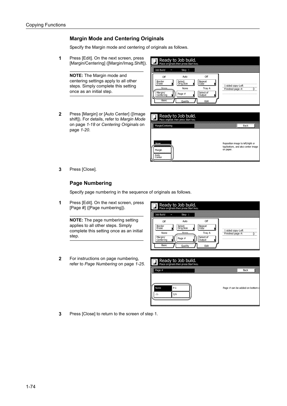 Margin mode and centering originals, Page numbering, Copying functions 1-74 | Press [close, Ready to job build | TA Triumph-Adler DC 2060 User Manual | Page 80 / 210