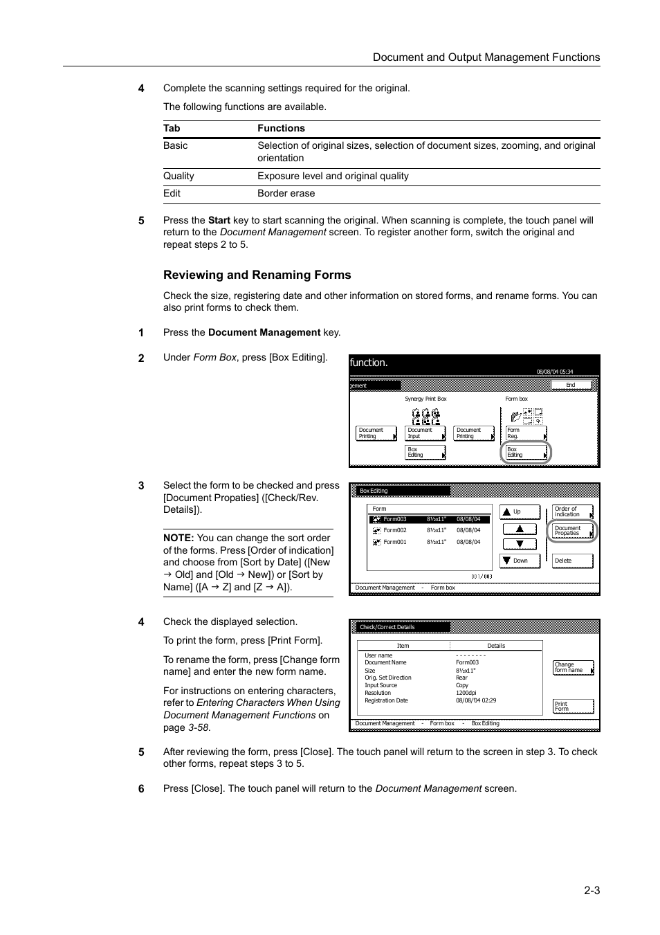 Reviewing and renaming forms, Document and output management functions 2-3 4, Press the document management key | Under form box , press [box editing, Function | TA Triumph-Adler DC 2060 User Manual | Page 85 / 210