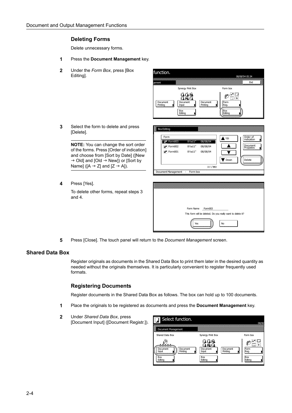 Shared data box, Deleting forms, Registering documents | Document and output management functions 2-4, Delete unnecessary forms, Press the document management key, Under the form box , press [box editing, Function, Select function | TA Triumph-Adler DC 2060 User Manual | Page 86 / 210