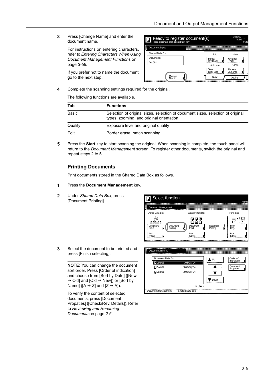 Printing documents, Document and output management functions 2-5 3, Press the document management key | Under shared data box , press [document printing, Ready to register document(s), Select function | TA Triumph-Adler DC 2060 User Manual | Page 87 / 210