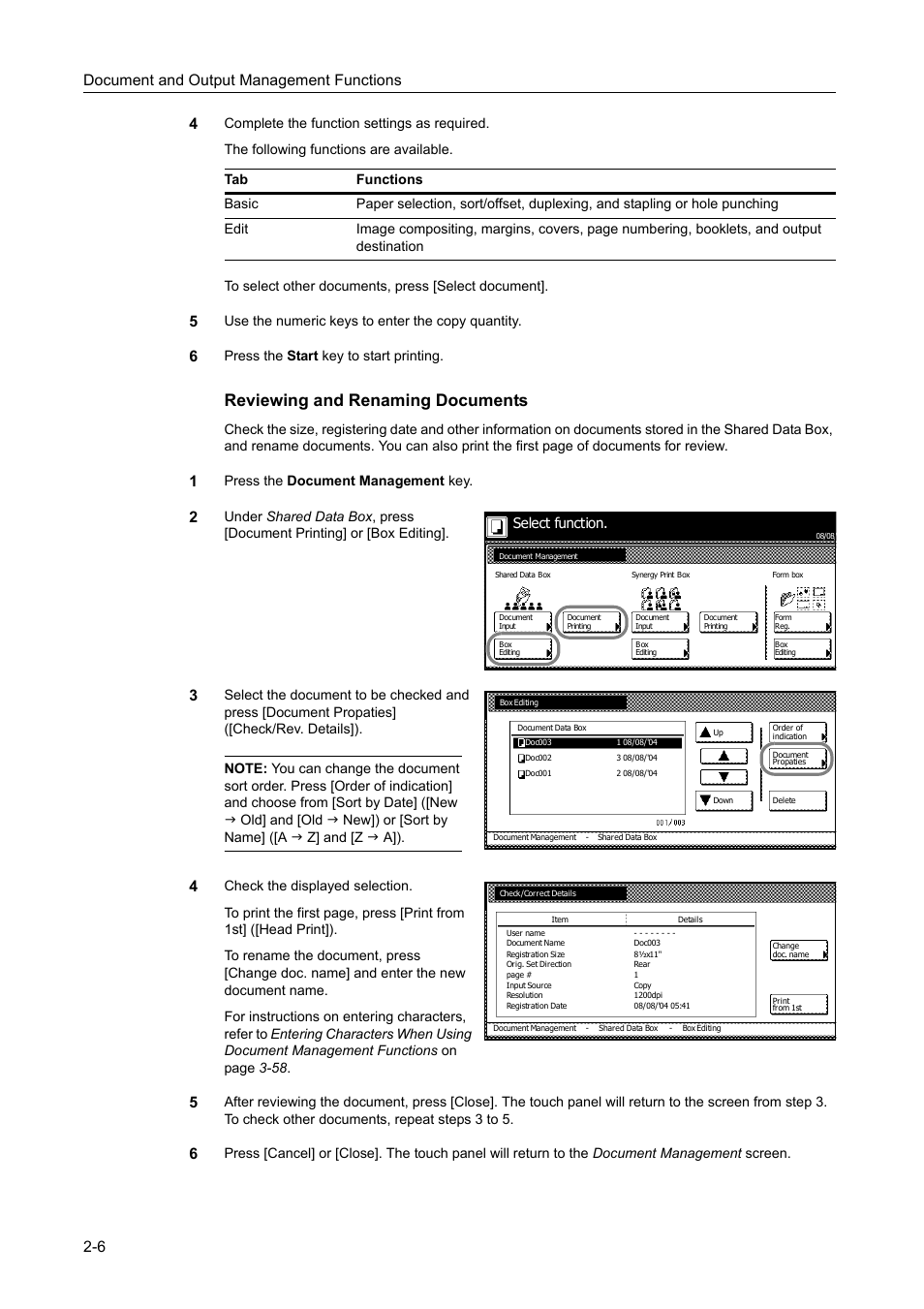 Reviewing and renaming documents, Document and output management functions 2-6 4, Use the numeric keys to enter the copy quantity | Press the start key to start printing, Press the document management key, Select function | TA Triumph-Adler DC 2060 User Manual | Page 88 / 210