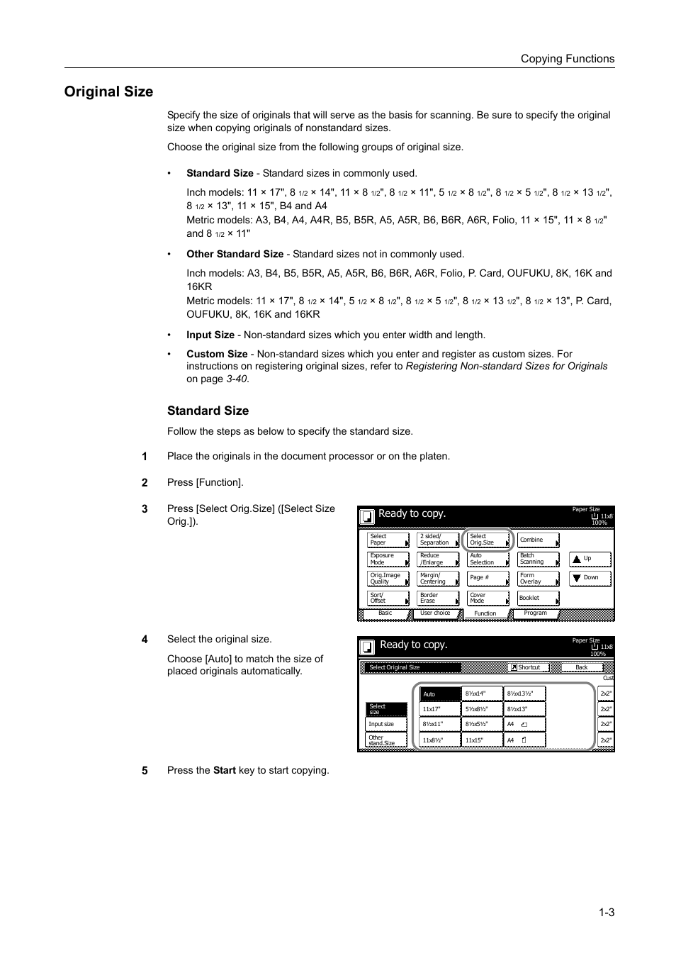 Original size, Original size -3, Standard size | Copying functions 1-3 | TA Triumph-Adler DC 2060 User Manual | Page 9 / 210