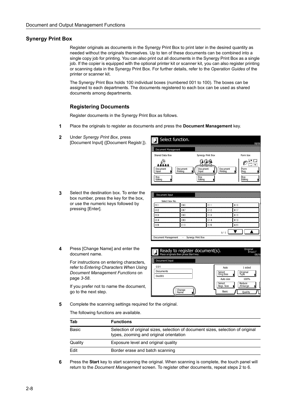 Synergy print box, Registering documents, Document and output management functions 2-8 | Select function, Ready to register document(s) | TA Triumph-Adler DC 2060 User Manual | Page 90 / 210