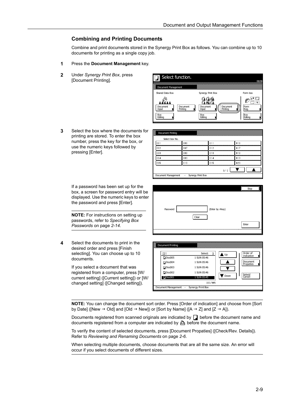 Combining and printing documents, Document and output management functions 2-9, Press the document management key | Under synergy print box , press [document printing, Select function | TA Triumph-Adler DC 2060 User Manual | Page 91 / 210