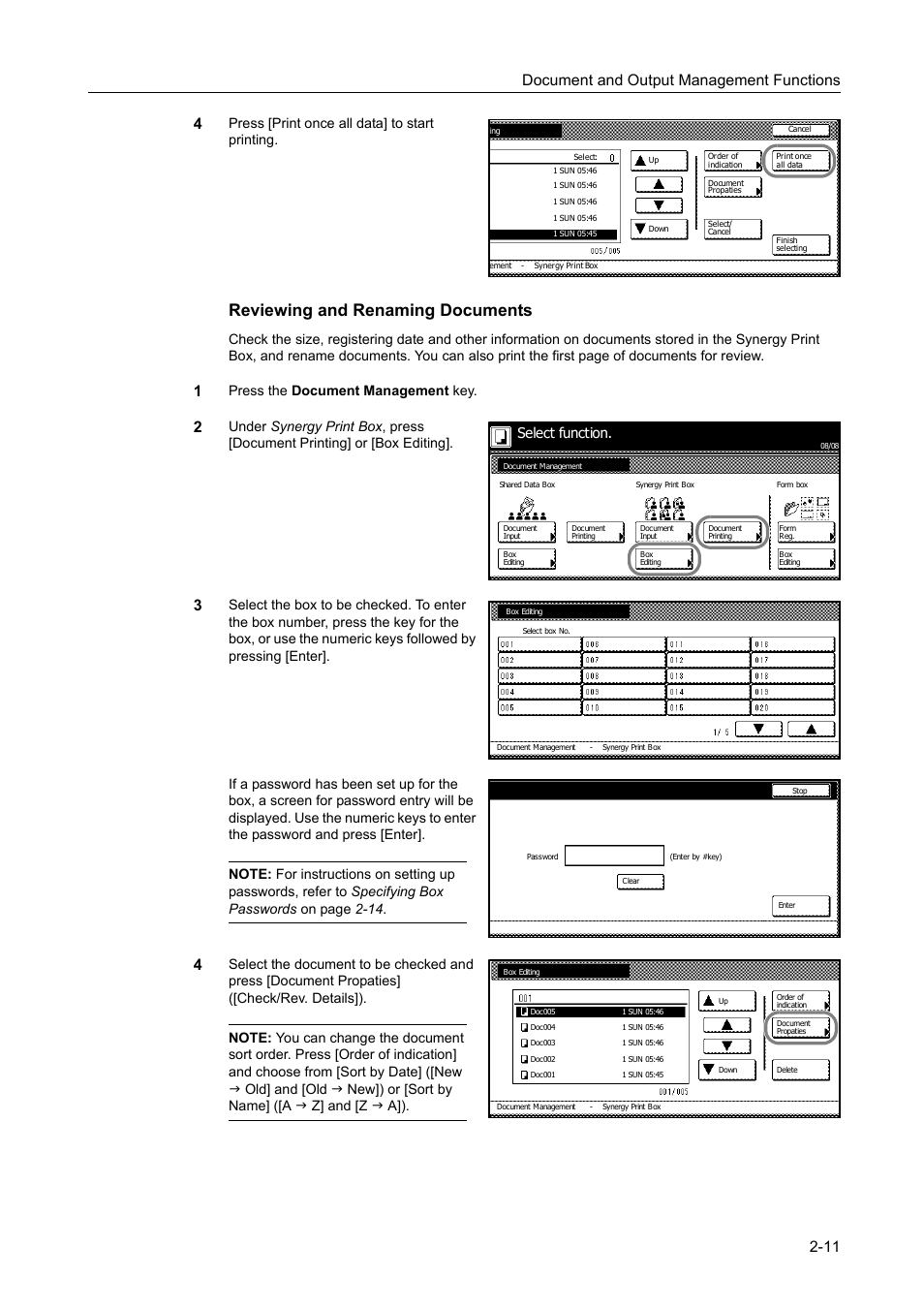 Reviewing and renaming documents, Document and output management functions 2-11 4, Press [print once all data] to start printing | Press the document management key, Select function | TA Triumph-Adler DC 2060 User Manual | Page 93 / 210