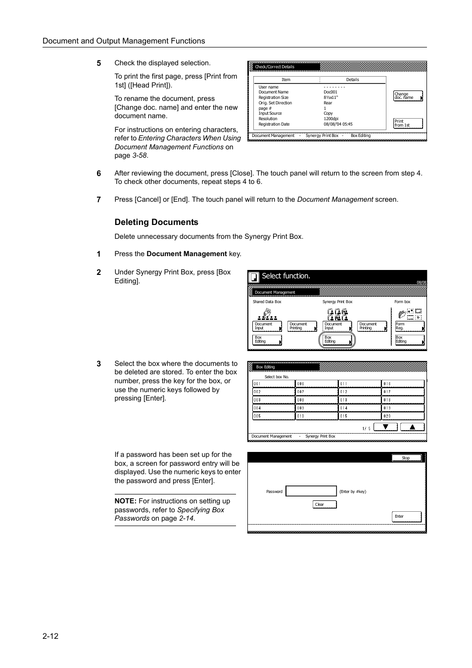 Deleting documents, Document and output management functions 2-12 5, Press the document management key | Under synergy print box, press [box editing, Select function | TA Triumph-Adler DC 2060 User Manual | Page 94 / 210