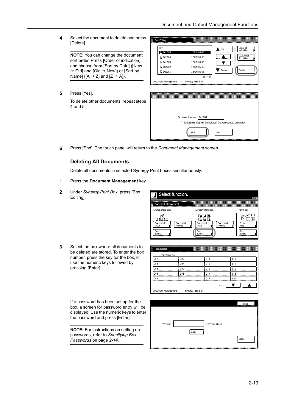 Deleting all documents, Document and output management functions 2-13 4, Press the document management key | Under synergy print box , press [box editing, Select function | TA Triumph-Adler DC 2060 User Manual | Page 95 / 210