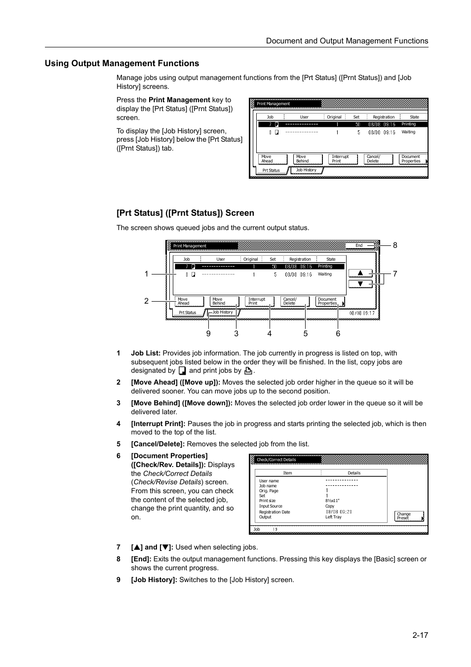 Using output management functions, Prt status] ([prnt status]) screen, Document and output management functions 2-17 | TA Triumph-Adler DC 2060 User Manual | Page 99 / 210