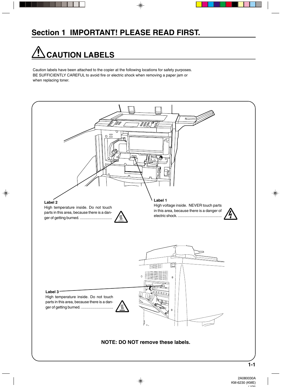 Section 1 important! please read first, Caution labels, Section 1 important! please read first -1 | Caution labels -1 | TA Triumph-Adler DC 2062 User Manual | Page 10 / 165