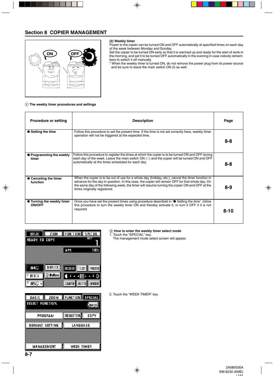 2) weekly timer, 1 the weekly timer procedures and settings, Setting the time | Programming the weekly timer, Canceling the timer function, Turning the weekly timer on/off, 2 how to enter the weekly timer select mode, 2) weekly timer -7, 1 the weekly timer procedures and settings -7, 2 how to enter the weekly timer select mode -7 | TA Triumph-Adler DC 2062 User Manual | Page 104 / 165