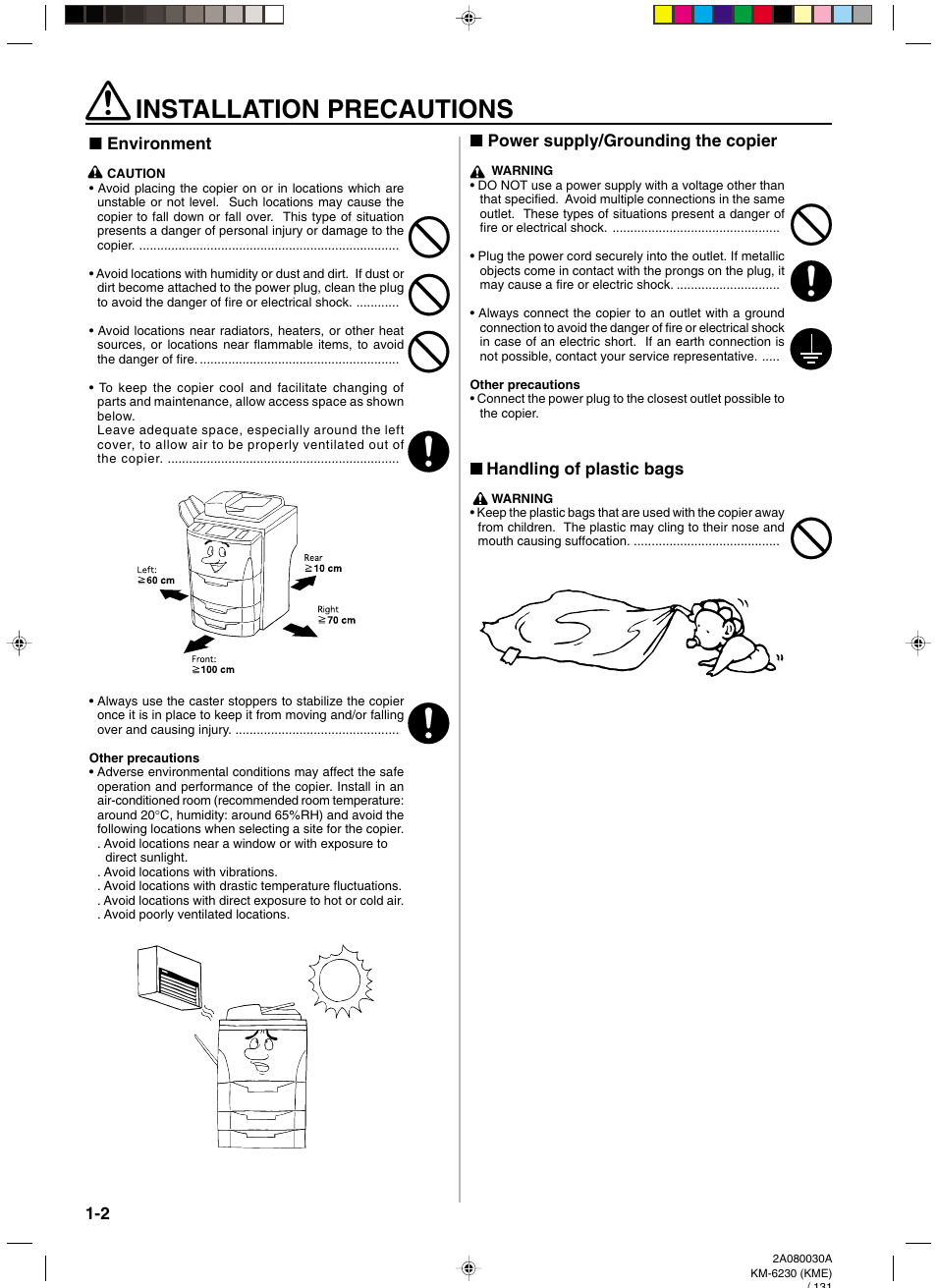 Installation precautions, Installation precautions -2, Environment | Power supply/grounding the copier, Handling of plastic bags | TA Triumph-Adler DC 2062 User Manual | Page 11 / 165