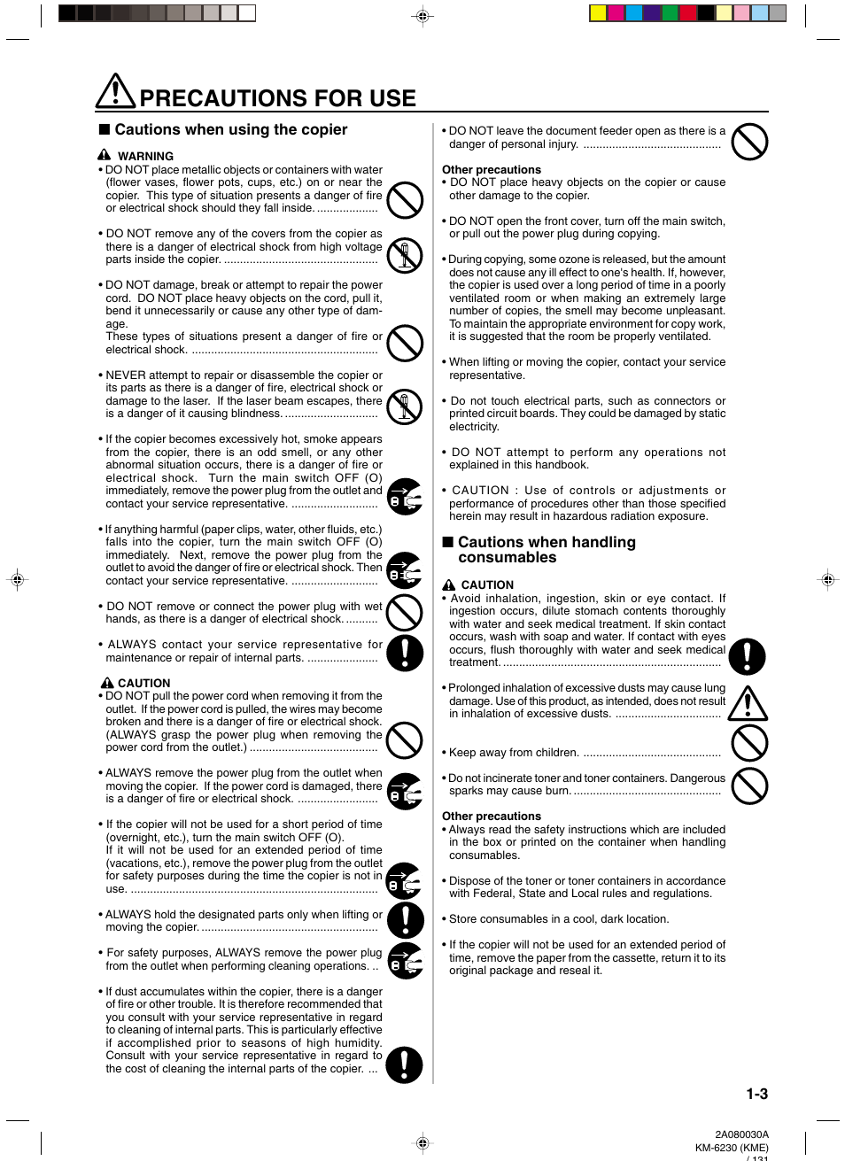 Precautions for use, Precautions for use -3, Cautions when using the copier | Cautions when handling consumables | TA Triumph-Adler DC 2062 User Manual | Page 12 / 165