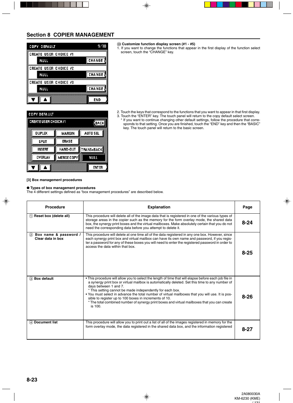 3] box management procedures, Types of box management procedures, 1 reset box (delete all) | 2 box name & password / clear data in box, 3 box default, 4 document list, 3] box management procedures -23, Types of box management procedures -23 | TA Triumph-Adler DC 2062 User Manual | Page 120 / 165